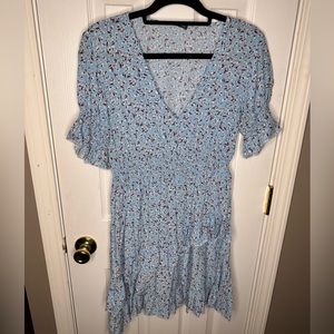 Ruffle Trim Shirred Waist Ditsy Floral Dress Blue